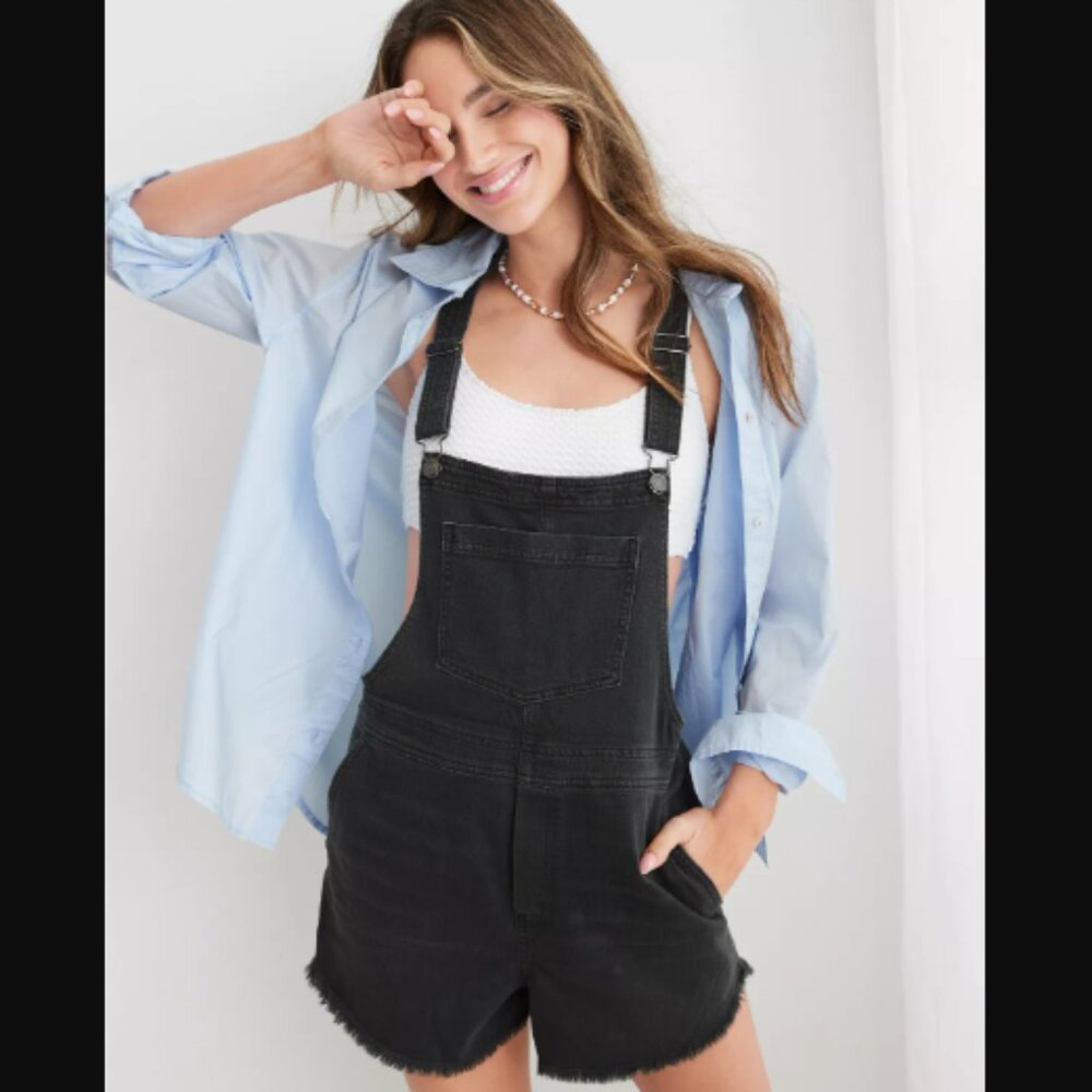 Aerie Denim Shortalls Romper with Pockets Shade Smoked Gray Size XS
